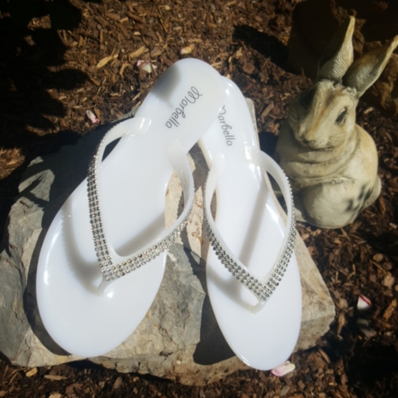 MARBELLA ♡ Gorgeous White Embellished Bling of Rhinestones Jelly Thong Sandals 6 - Picture 3 of 17